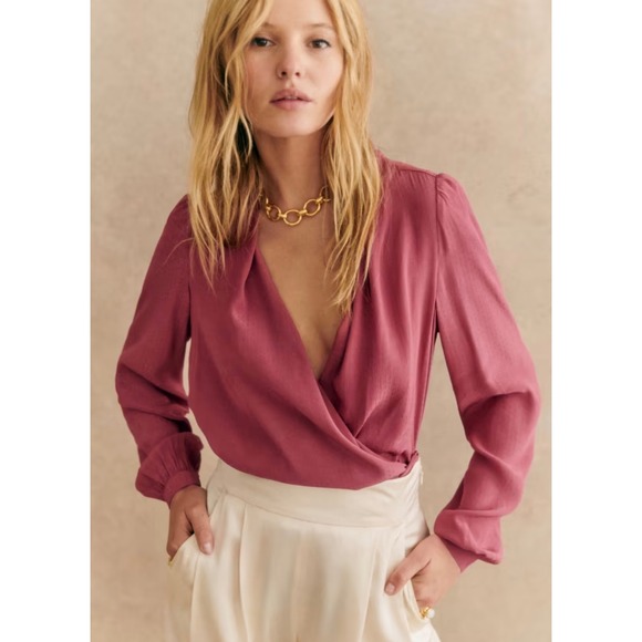 Sezane Tops - Sezane Abelia Chlo Blouse Raspberry Pink Wrap V-Neck Long Sleeve Top Size 36 4
